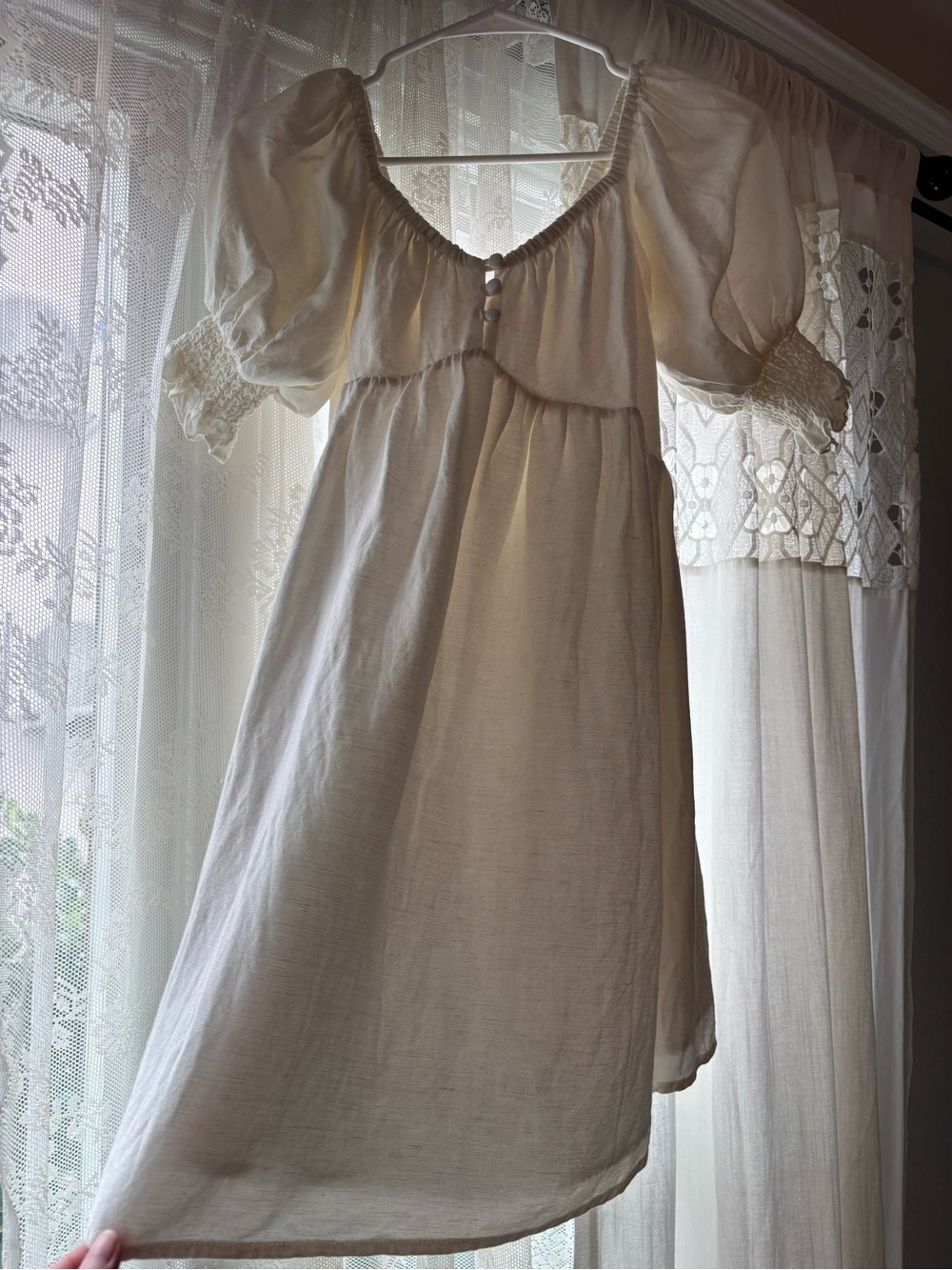 Linen Sabo Skirt Dress Puff Sleeve - Picture 5 of 11